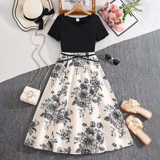 Girls 8-12 Black & White Floral Dress, Front Crew Neck Short Sleeve Belted Skirt/Back Plain Top & Skirt, Casual Daily Kids Dress