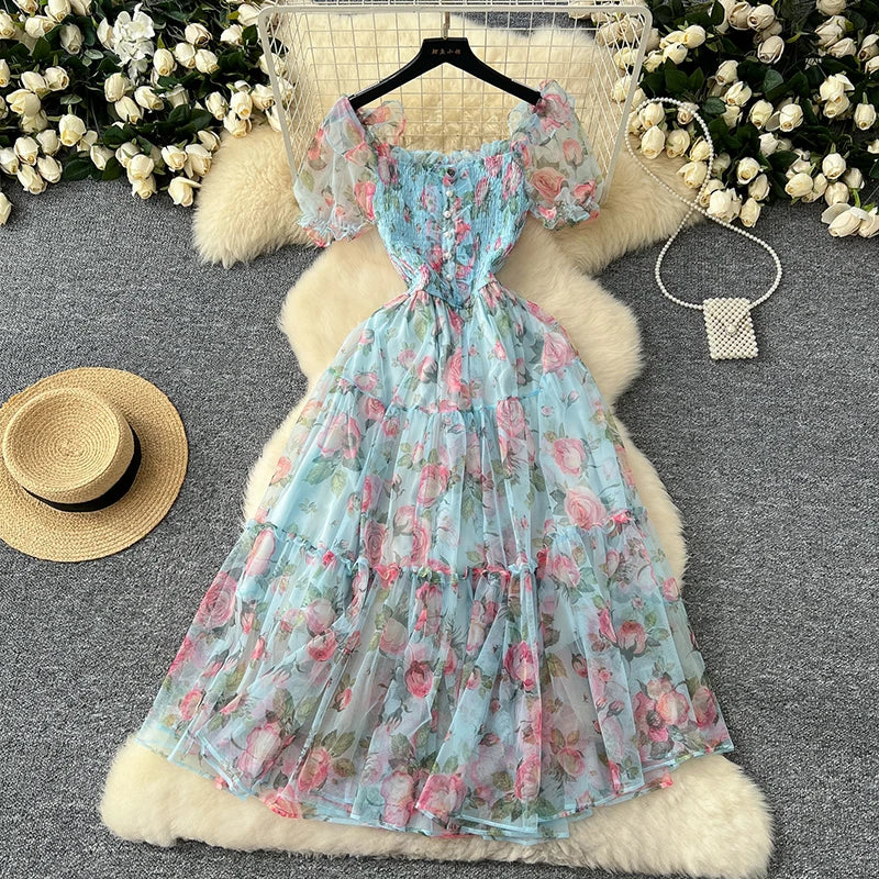 Summer Vintage French Mesh Dress for Women New Waist Cinched Slash Neck Bubble Sleeves Sweet Floral Chiffon Dress Female C146
