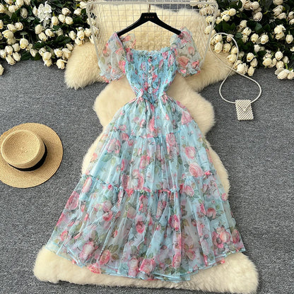 Summer Vintage French Mesh Dress for Women New Waist Cinched Slash Neck Bubble Sleeves Sweet Floral Chiffon Dress Female C146