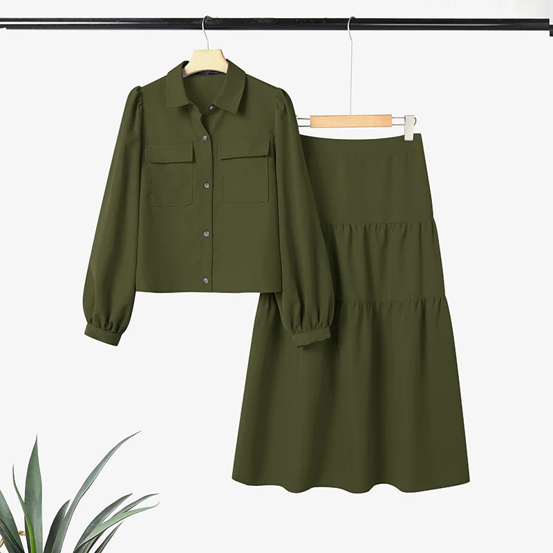 ZANZEA Casual Women's 2 Piece Skirt Sets Long Sleeve Shirts and Elastic Waist Midi Skirts Suits 2pcs Elegant Woman Outfits
