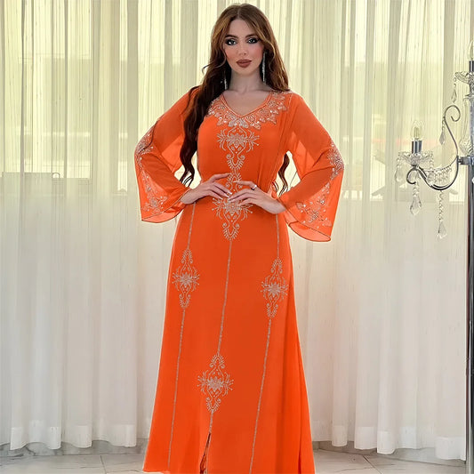 Morocco Abaya Women Dress Diamond Tape Trim Maxi Dress Autumn 2026 Stand Collar Long Sleeve Loose Oman Turkey Dubai Muslim Robe