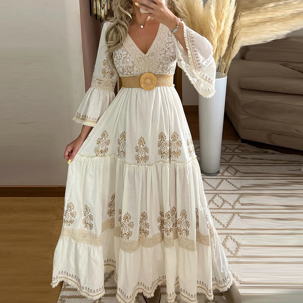 Mesh Lace Spliced Elegant Women Casual Dress Crew Neck Long Bell Sleeve Slim Vintage Boho Dress Vacation Maxi Dresses Vestidos