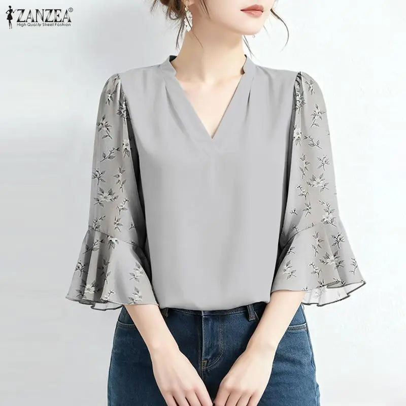 ZANZEA 2026 Elegant Women's Blouses V-Neck Floral Printed 3/4 Sleeve Loose Tops Spring Summer Casual and Day Woman Clothes 3XL