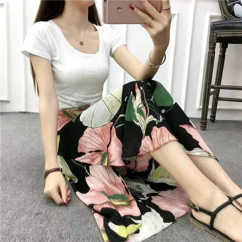 Summer Beach Floral Skirt for Women Cotton High Waist Wrap Maxi Skirt Long with Side Slit & Tie Detail Boho Style Design