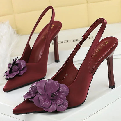 BIGTREE Shoes Color Blocked Flowers Women Pumps Silks Satins High Heels Hollow Out Hook Strap High Heeled Sandals Stiletto Heels