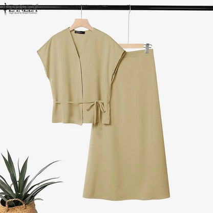 ZANZEA 2PCS Stylish Women V Neck Short Sleeve Blouse Dress Sets Summer Outfits Elegant 2 Pieces Sets Solid OL Work Skirt Suit