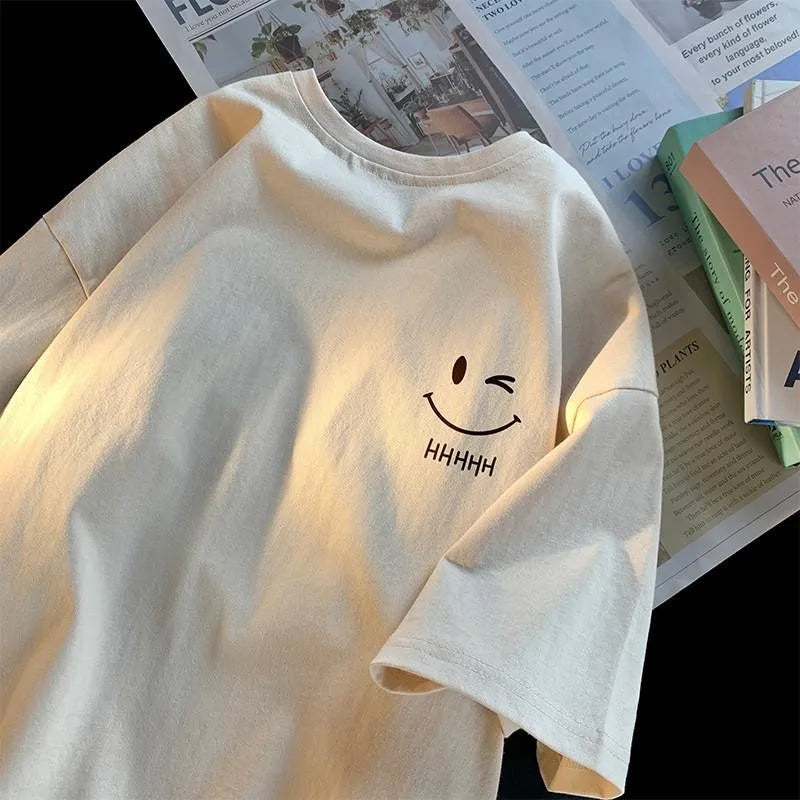 Summer Trendy Simple and Fashionable Printed Short-sleeved T-shirt for Ladies and Boys Same Loose Casual Large-size Top