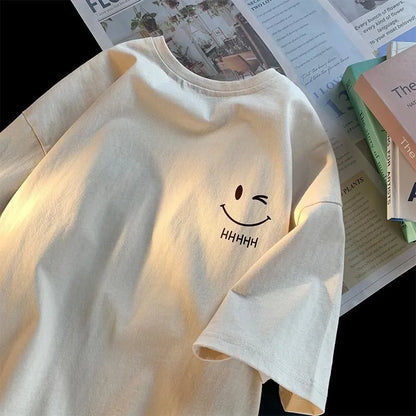 Summer Trendy Simple and Fashionable Printed Short-sleeved T-shirt for Ladies and Boys Same Loose Casual Large-size Top