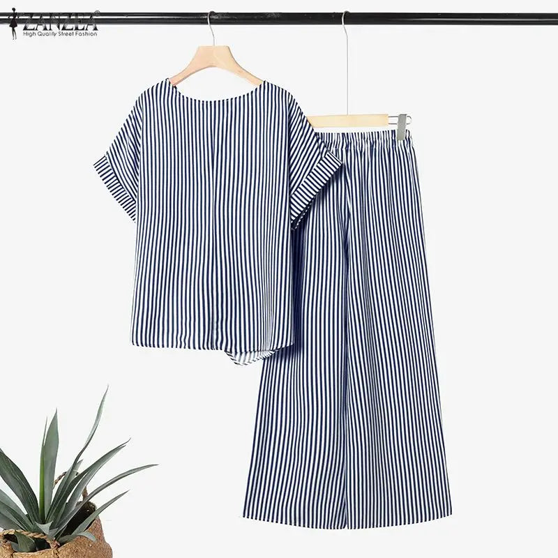 ZANZEA Summer 2PCS O Neck Short Sleeve Blouse Wide Leg Pant Sets Striped Work Tracksuit Fashion Women Outfits 2 Pieces Sets 2026