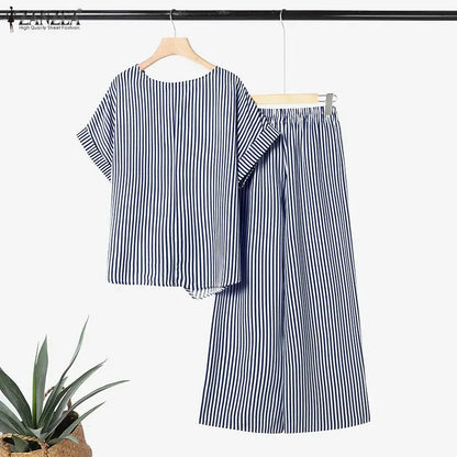 ZANZEA Summer 2PCS O Neck Short Sleeve Blouse Wide Leg Pant Sets Striped Work Tracksuit Fashion Women Outfits 2 Pieces Sets 2026