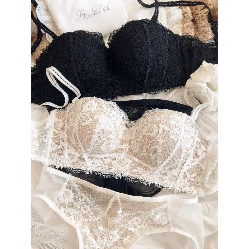 French Lace Push Up Bra Lingerie Set See Through Babydoll Shelf Bustier Half Cup Sexy Bodysuit Women Underwear Thin Thick Bottom