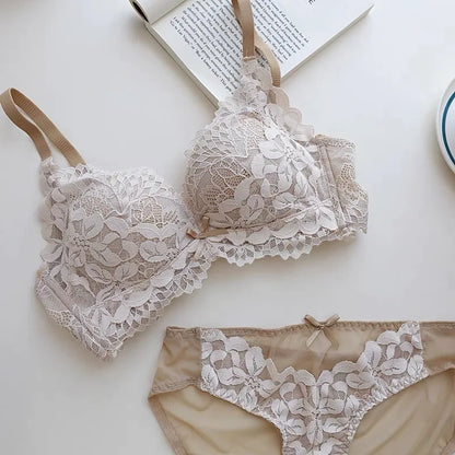 Japanese Style Lace Bra Set Women Small Bust Push Up Lift Adjustable Anti Sagging Side Support No Gap Wirefree Luxury Comfort AB