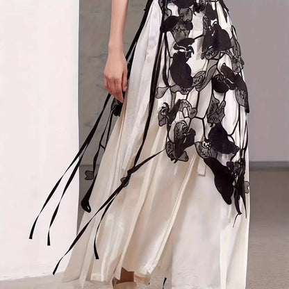 High Waist Lace Midi Skirt Irregular Side Slit Embroidered Flower Lace Drawstring Skirt Hollow Flower Tassels See Through