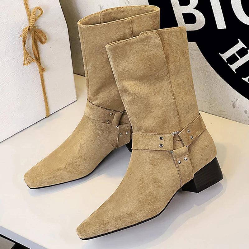 BIGTREE Shoes Women Mid-Calf Boots Retro Style Western Boots Square Head Belt Buckle Women Boots Suede Thick Heel Autumn Boots