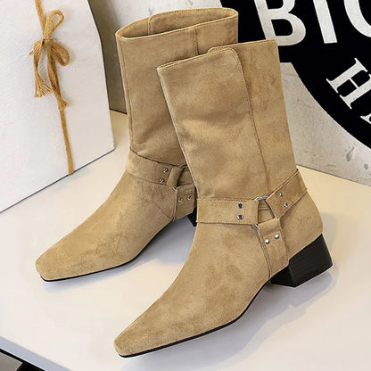 BIGTREE Shoes Women Mid-Calf Boots Retro Style Western Boots Square Head Belt Buckle Women Boots Suede Thick Heel Autumn Boots