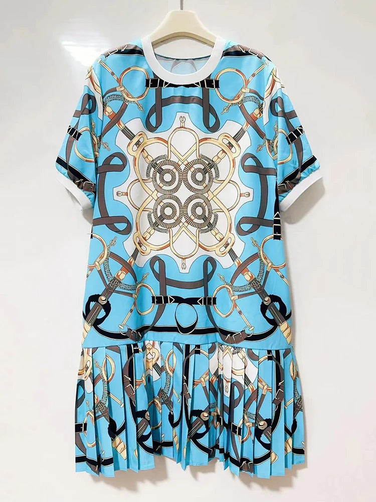 Retro geometric print round neck pullover dress 2026 summer women's T-shirt skirt fashionable loose oversized puffy skirt