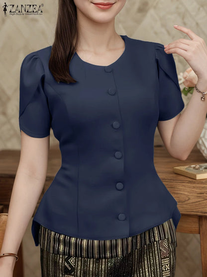 ZANZEA Women Fashon Asymmetrical Hem Shirts 2025 Summer O-Neck Button Up Fitted Waist Chemises Femme Office Streetwear Tops