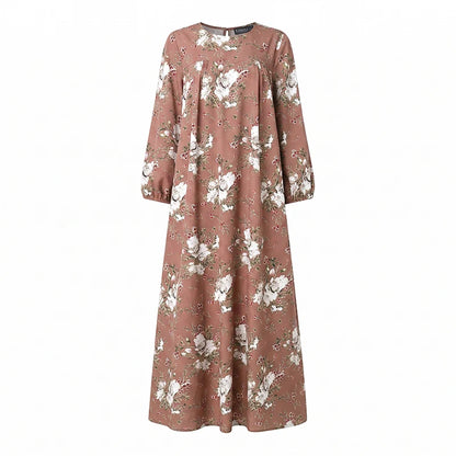 ZANZEA Muslim Abaya Women Bohemian Maxi Long Dress Floral Print Long Sleeve Round Neck Sundress Casual Loose Dresses Kaftan