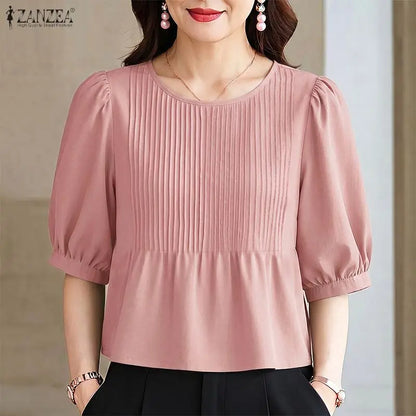 ZANZEA 2026 Woman Pintuck Blouses Casual Round Neck Half Puff Sleeve Solid Color Tops Summer Daily Commute Work Blusas Mujer
