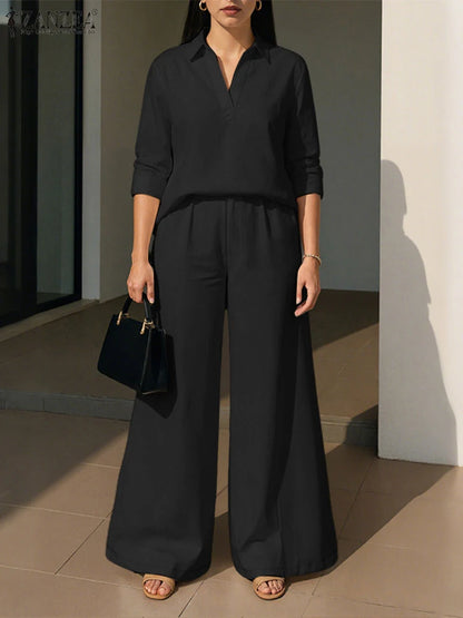 2025 ZANZA Women Lapel Neck Long Sleeve Blouse Trousers Suit Autumn 2PCS Outfits 2 Pieces Sets Elegant Loose Wide Leg Pant Sets