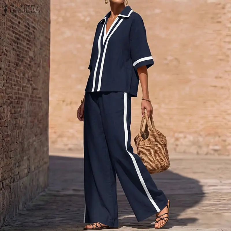 ZANZEA Patchwork 2 Pieces Sets OL Style Fashion Women Pants Sets Turn Down Collar Half Sleeve Shirt Trousers Suit Casual Outfits