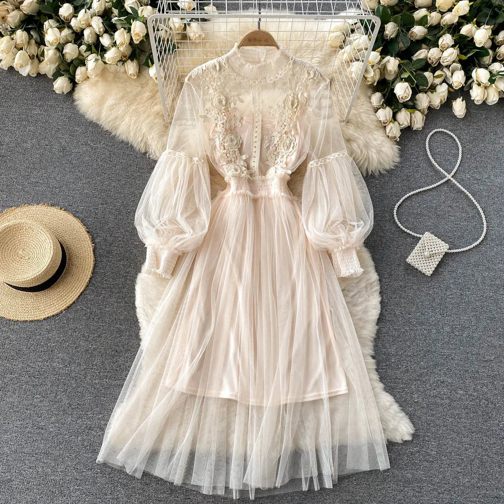 Ladies Dress Three-dimensional Flower See Through Mesh Temperament Stand Collar Lantern Sleeve High Waist Slim Female Dresses
