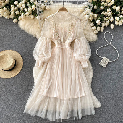 Ladies Dress Three-dimensional Flower See Through Mesh Temperament Stand Collar Lantern Sleeve High Waist Slim Female Dresses