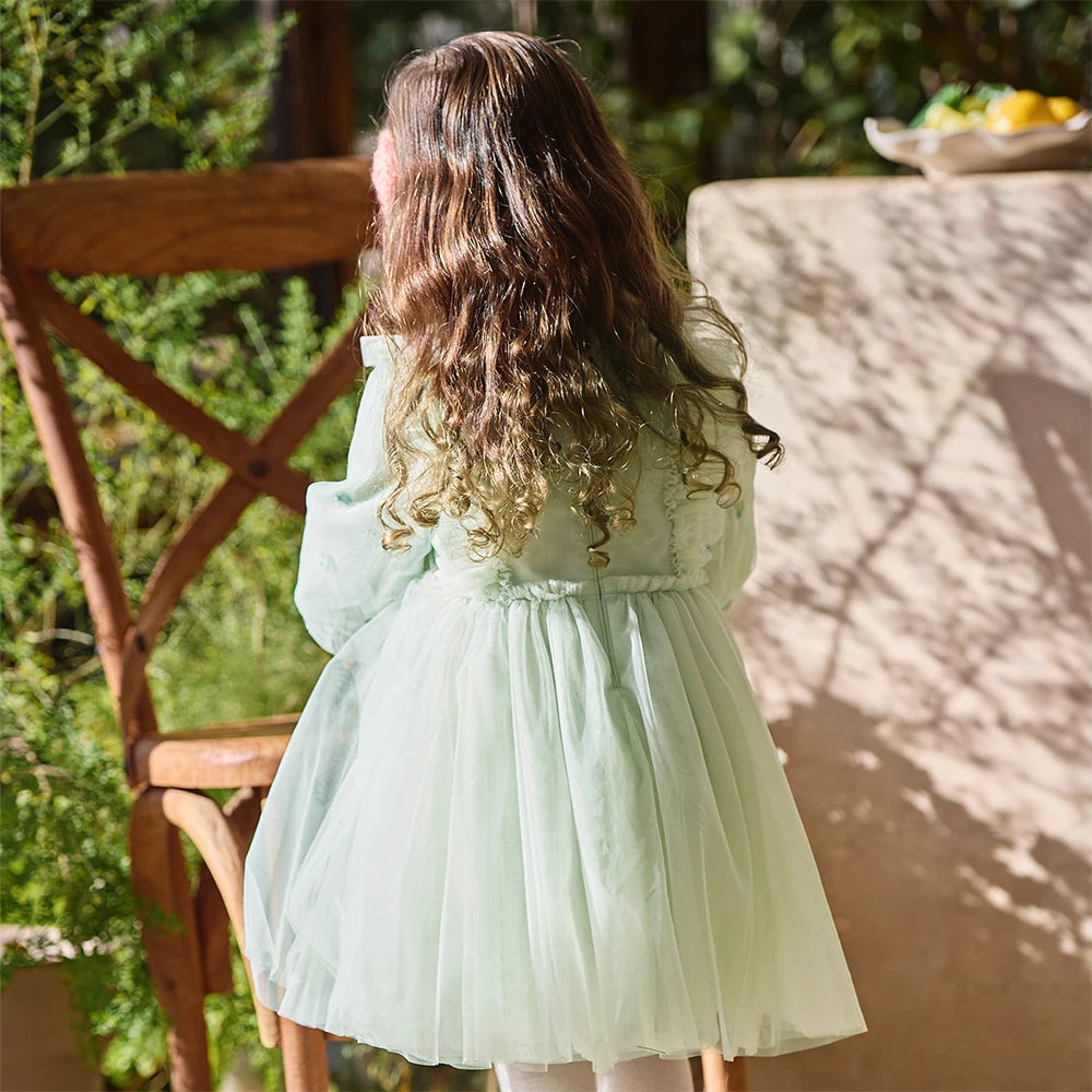 Dave Bella Baby Girl Dress Children Princess Dresses Spring Autumn Kids Clothes Green Charm Mesh Elegant Outdoor Party DB1260177