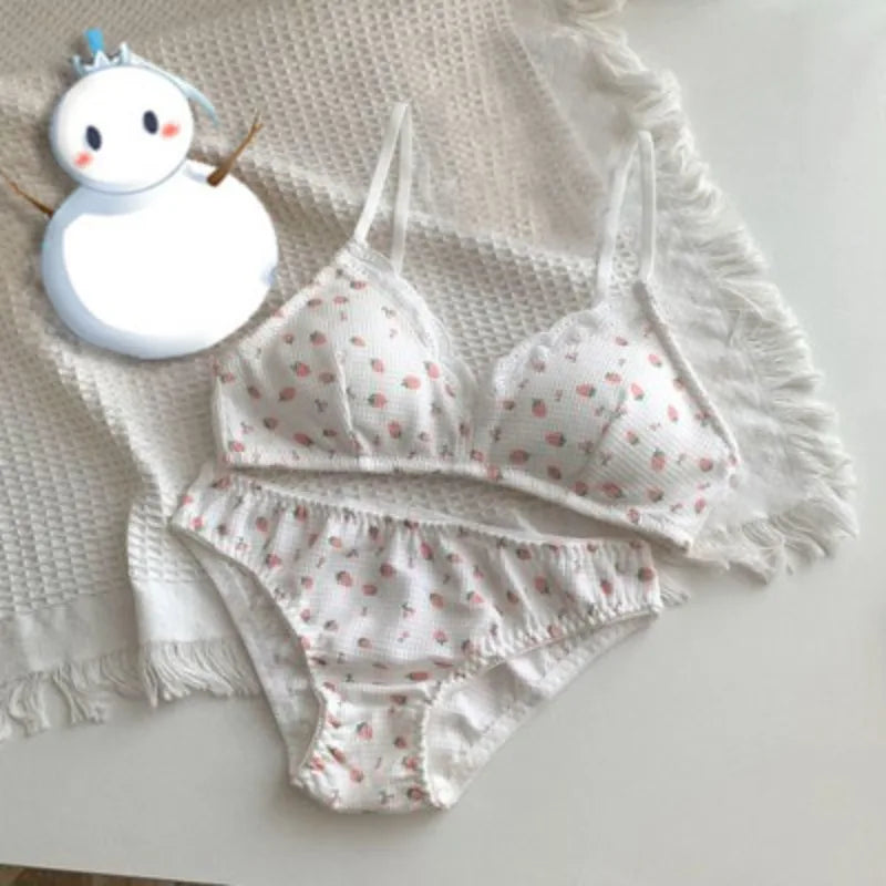 Japanese Sweet Lolita Bra&Panty Set Cherry Strawberry Print Wireless Comfort Bralette Anti Sagging AB Cup MOYISU 32-38-Sexy Bras