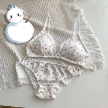 Japanese Sweet Lolita Bra&Panty Set Cherry Strawberry Print Wireless Comfort Bralette Anti Sagging AB Cup MOYISU 32-38-Sexy Bras