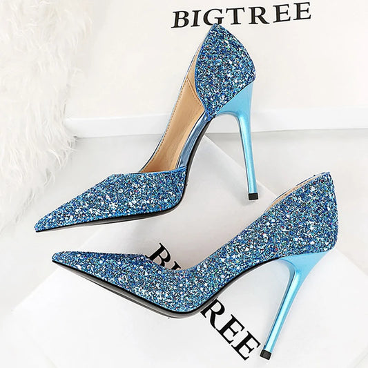 Women 7cm 10.5cm Super High Heels Blue Gold Pumps Sexy Sequins Bling Low Heels Lady Scarpins Luxury Stiletto Sparkly Party Shoes