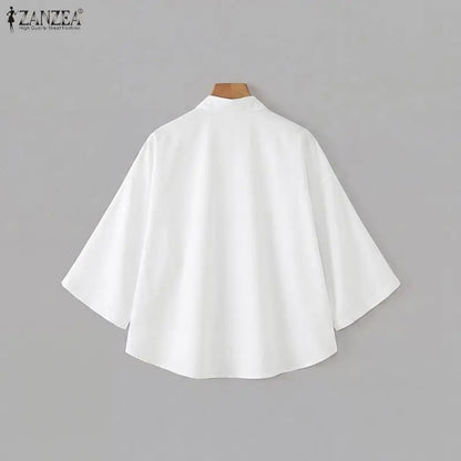 ZANZEA Plus Size 5XL Woman Vintage Shirts Mandarin Collar Frog Buttons High-Low Blouse Chinese Style Casual Solid Daily Wear Top