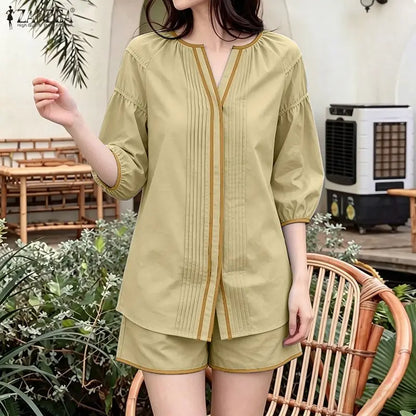 ZANZEA Women's Casual Short Sets Summer 3/4 Lantern Sleeve Contrast Trim V-Neck Shirt & Elastic Waist Shorts 2pcs Suits Outfits