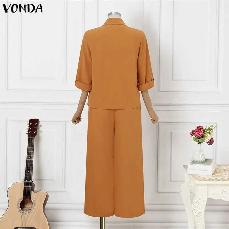 VONDA Plus Size Women Suits Long Sleeve Lapel Neck Tops High Waisted Pants Sets Casual Loose Solid Color Outfits Two-piece