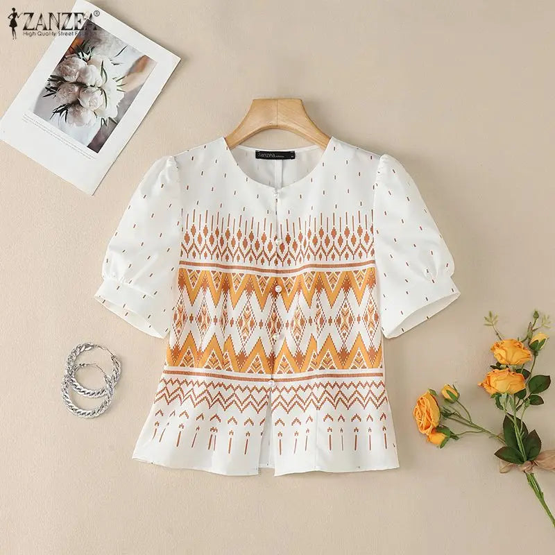 ZANZEA Elegant Ethnic Style Printing Blouses Woman Short Puff Sleeve Button Up O-Neck Shirts Summer Fitted Waist Blusas de Mujer