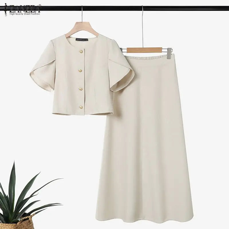 ZANZEA Women's French Chic Skirt Suits Elegant Short Petal Sleeves Tops and A-Line Midi Skirts 2 Piece Sets Outfit Woman Clothes