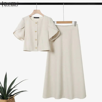 ZANZEA Women's French Chic Skirt Suits Elegant Short Petal Sleeves Tops and A-Line Midi Skirts 2 Piece Sets Outfit Woman Clothes