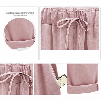 Cotton Linen Pants, Elastic Mid Waist Ankle Length Pant, Casual Women Loose Spring Pants, Female Slacks Size M-5XL 6XL 7XL 8XL