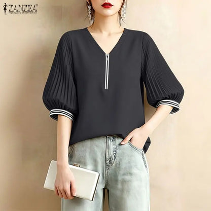 ZANZEA Women Contrast-Trum Blouse Korean Fashion V-Neck Half Zipper Pleatd 3/4 Lantern Sleeve Tops Summer Casual Blusa de Mujer