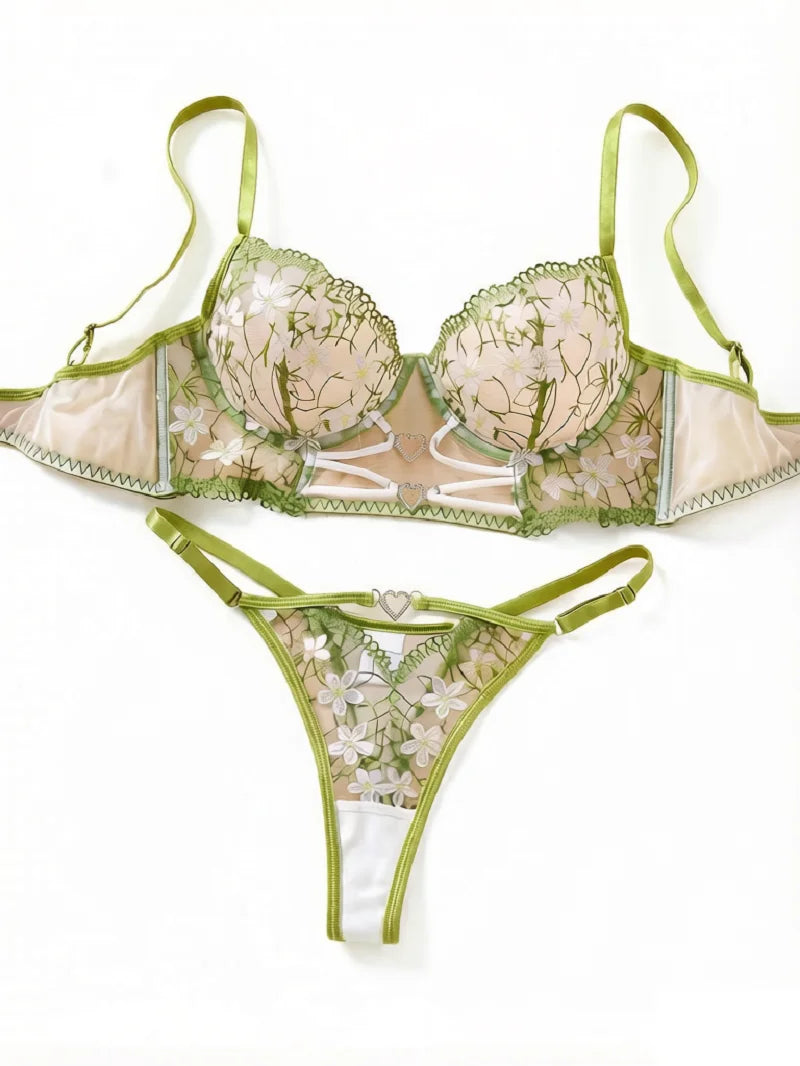 Women Green Daisy Floral Embroidery Lingerie Set Sheer Mesh Heart Metal Buckle Underwire Bra & Thong 2‑Piece Intimate Underwear