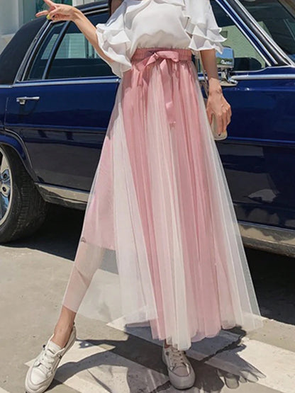 Hot Sale Summer Pleated Long Skirts A-line Elastic Waist Fairy Tiered Skirt Women 2 Layers Color Contrast Women's Skirts