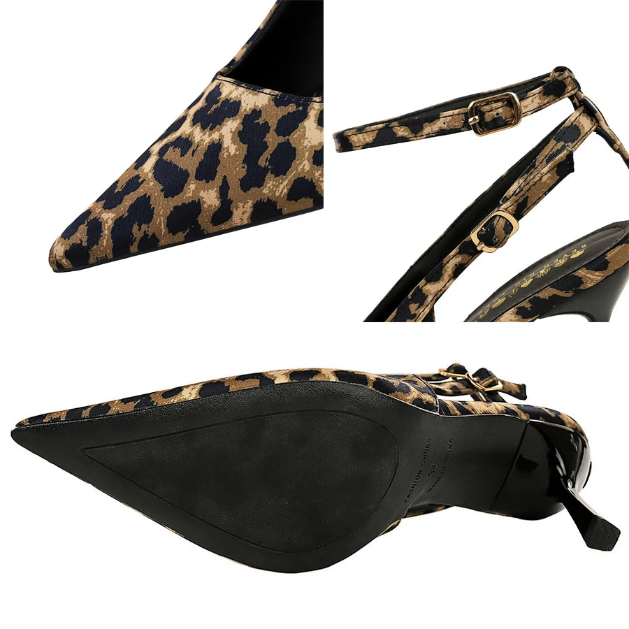 BIGTREE Shoes Leopard Print Women Pumps Sexy High Heels Pointed High-Heeled Sandals Women Summer Shoes Satin Stiletto Heels 8 cm