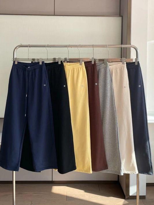 Women's Cotton Spring Sweatpants Loose Fit Casual Black Sports Straight Pants Full Length Elastic Waist Drawstring Trousers