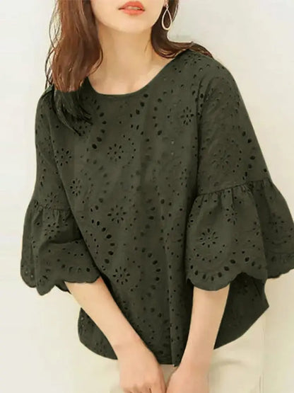 ZANZEA 3/4 Ruffle Sleeve Loose Blusa Women Hollow Out Lace Patchwork Solid Color Tops Everyday 2024 Summer Casual Elegant Blouse