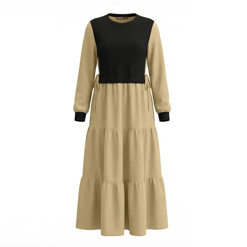 ZANZEA Fashion Women Patchwork Muslim Abaya Dress O Neck Long Sleeve Pleated Sundress Ramadan Robe Casual Maxi Dresses Kaftan