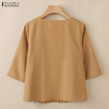 ZANZEA Pleated Detail Blouses 2026 Women Elegant Square Neck 3/4 Sleeve Solid Color Tops Summer Daily Casual Blusas de Mujer