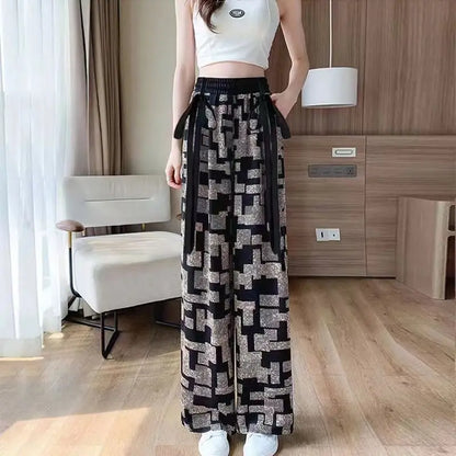 Ink Painting Printed High Waisted Wide Leg Pants for Women Summer Thin Chiffon Streamers Loose Casual Floor Mopping Pants