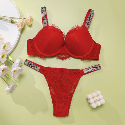 Victoria Secret Sexy Women Underwear Very Sexy Eyelash Lace Fringe Trim Push Up Bra Shine Script Thong Panty Set