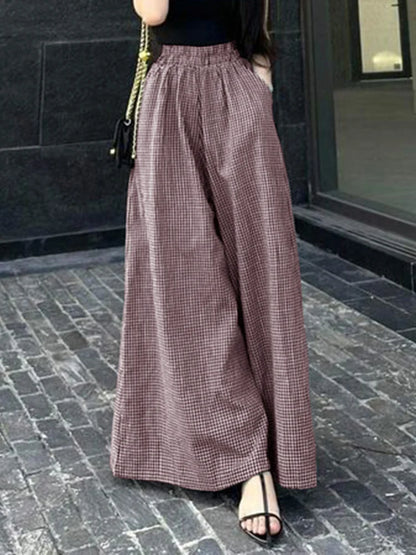 2025 ZANZEA Summer Wide Leg Pants Women Plaid Checked Trousers Casual Elastic Waist Pant Elegant Loose OL Work Pantalon Palazzo