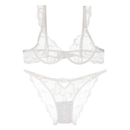 Elegant Women Flower Embroidery Mesh Lingerie Set Adjustable Straps Underwire Bra Panty Transparent Intimates